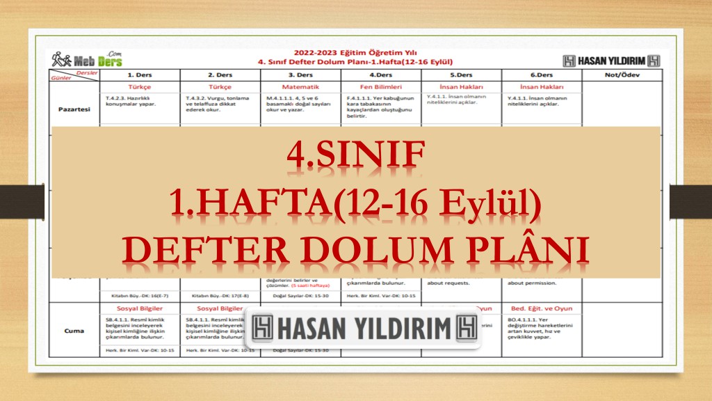 2022-2023 Eğitim Öğretim Yılı 4. Sınıf 1. Hafta (12-16 Eylül) Defter Dolum Planı