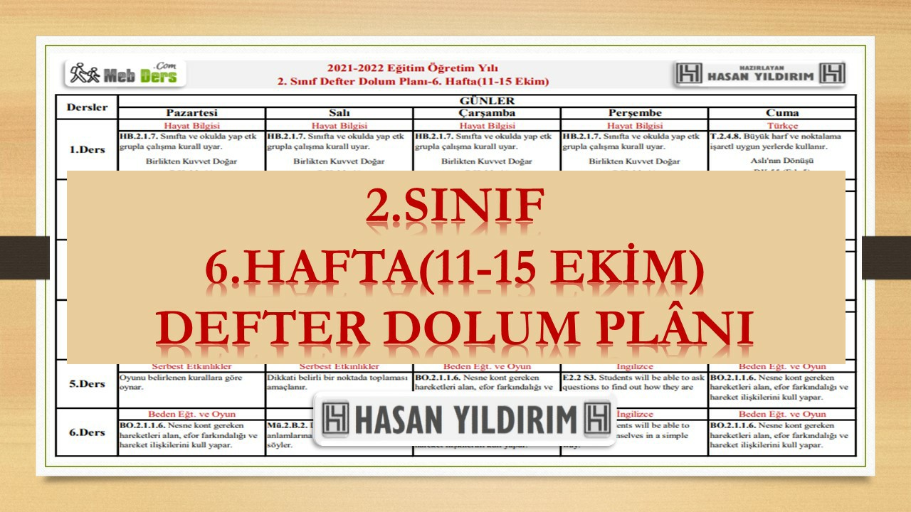 2.Sınıf 6.Hafta(11-15 Ekim) Defter Dolum Planı