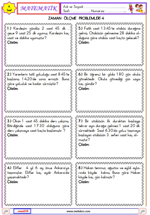 4. Sınıf Matematik Zaman Ölçme Problemleri Etkinliği 4