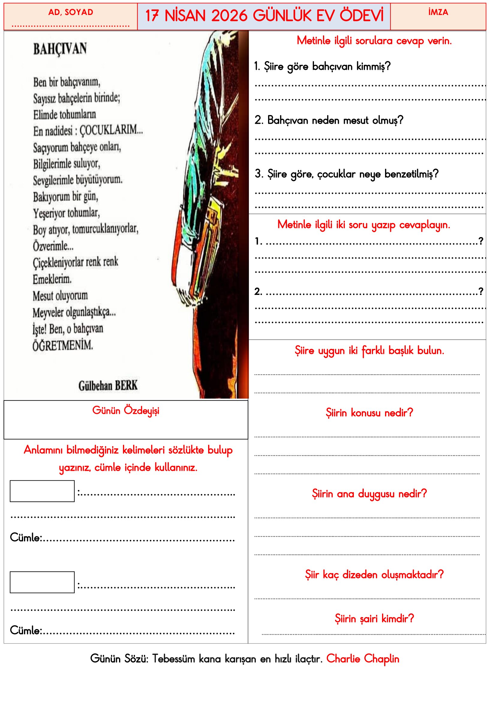 3.Sınıf - 17 Nisan 2026 Günlük Ev Ödevleri