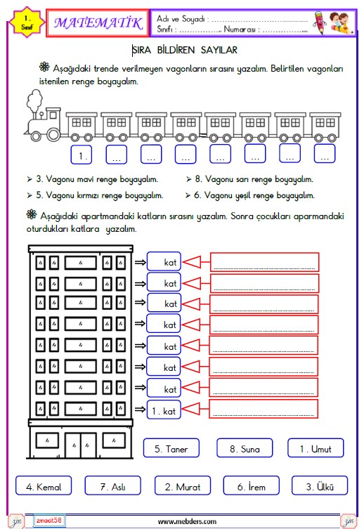 1. Sınıf Matematik Sıra Bildiren Sayılar Etkinliği 1