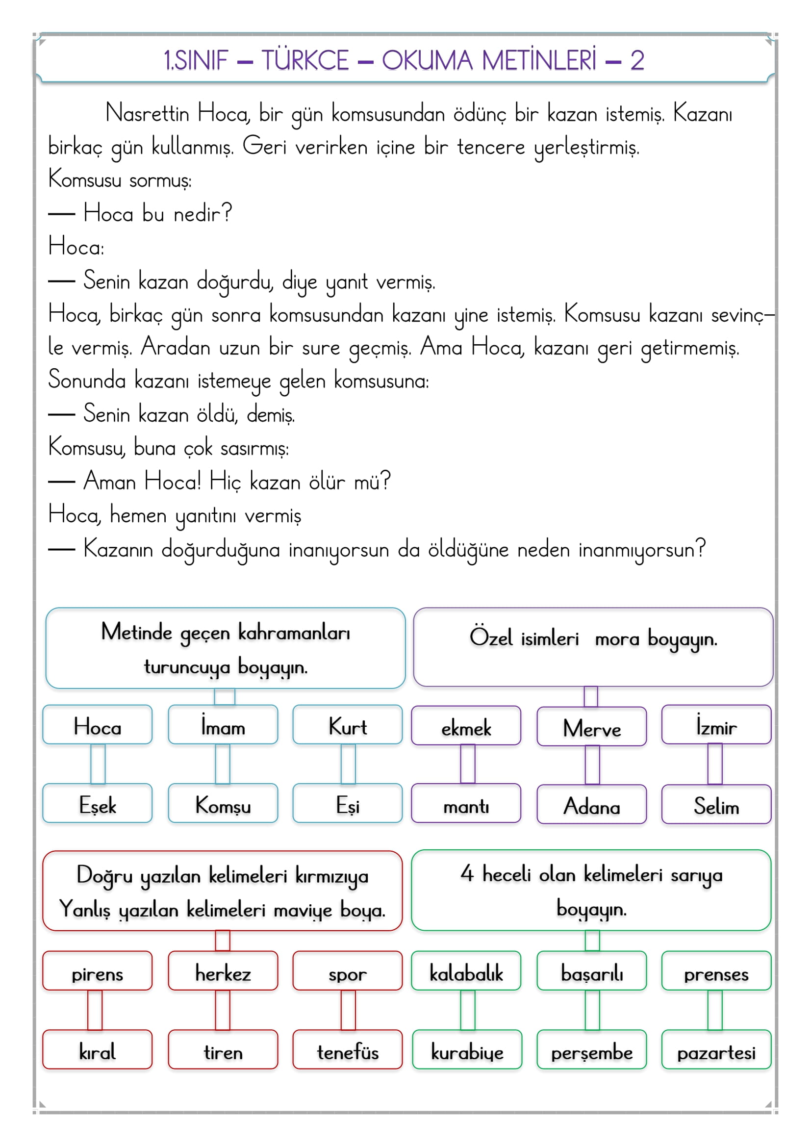 1.Sınıf - Türkçe - Okuma Metni ve Dilbilgisi Çalışması-2