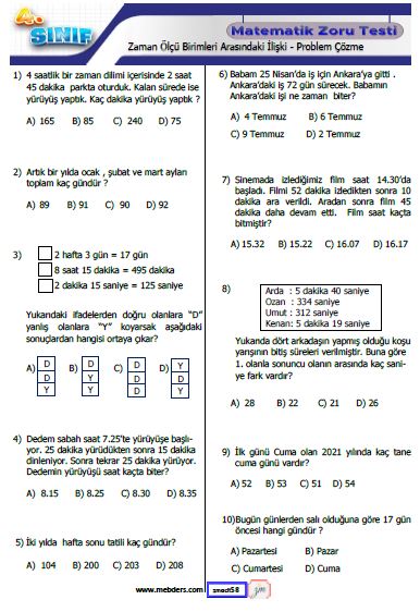 4. Sınıf Matematik Zaman Ölçü Birimleri Arasındaki İlişki - Problem Çözme Testi