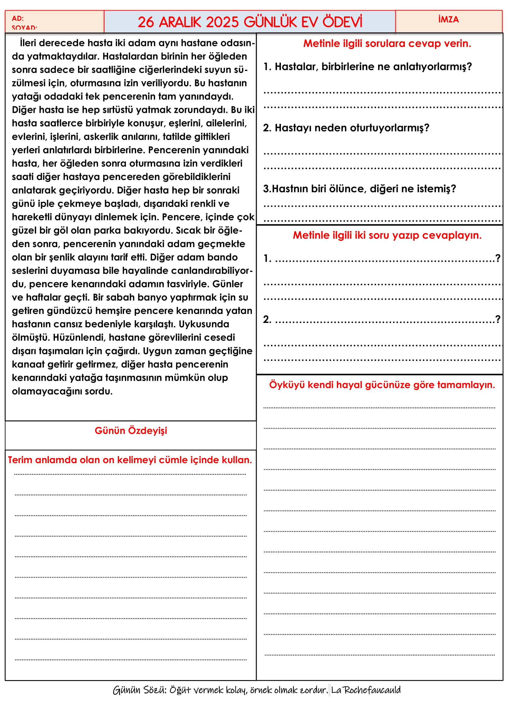 4.Sınıf - 26 Aralık 2025 Günlük Ev Ödevleri