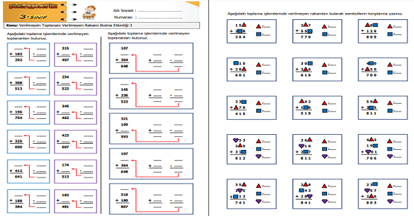 3.Sınıf Matematik Verilmeyen Toplananı Verilmeyen Rakamı Bulma Etkinliği 3
