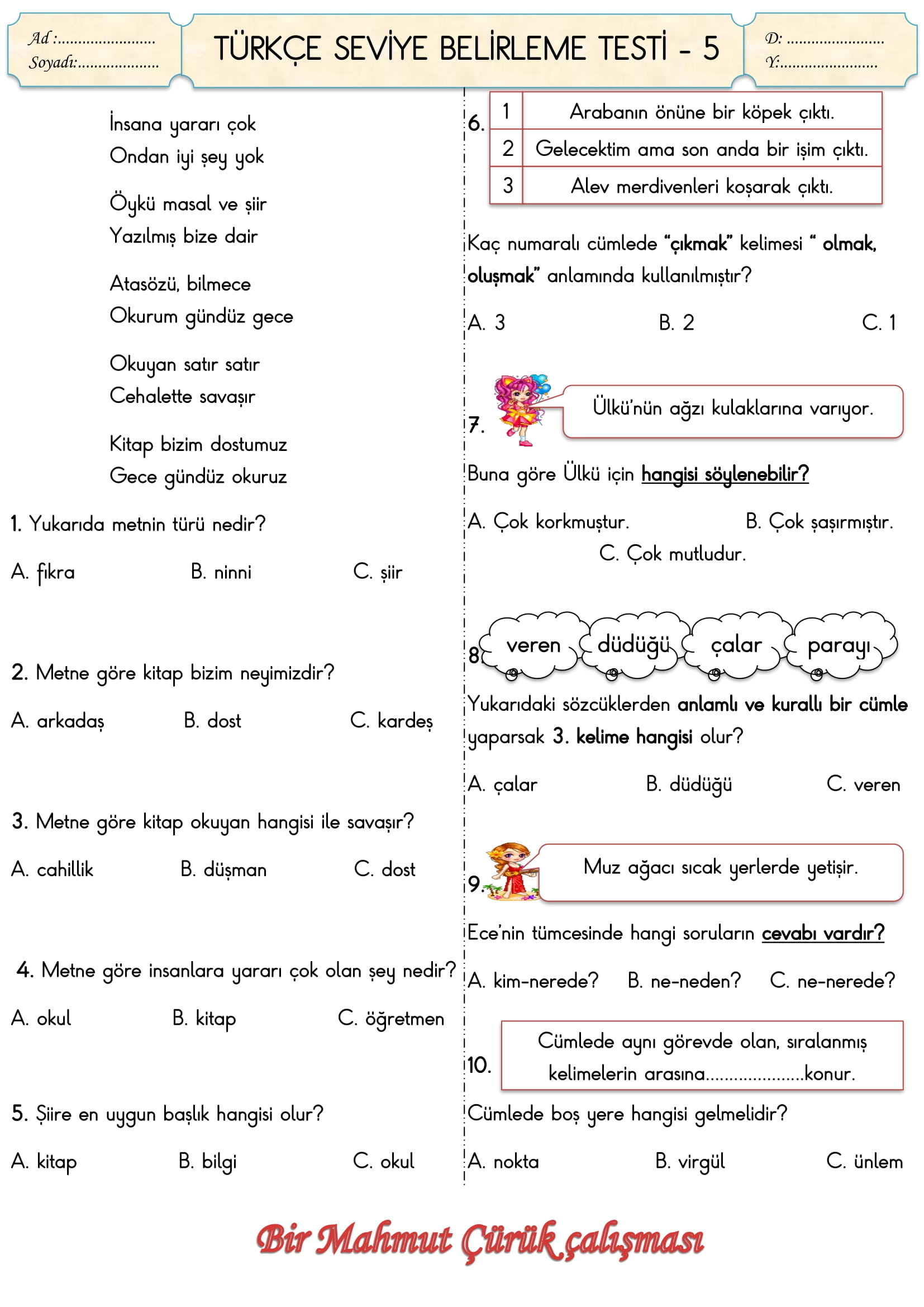 2.Sınıf Türkçe Seviye Belirleme Testi-5