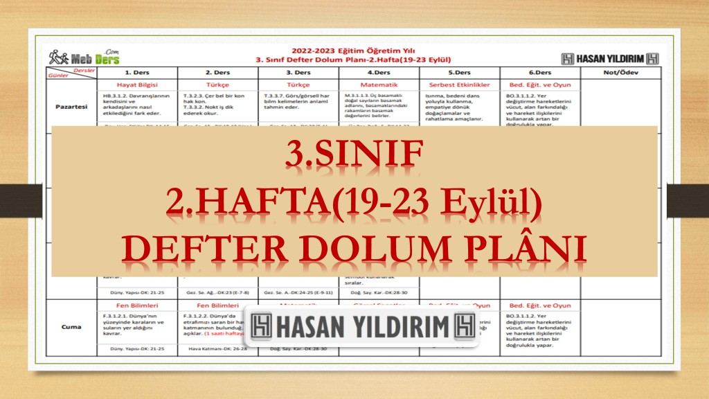 2022-2023 Eğitim Öğretim Yılı 3. Sınıf 2. Hafta (19-23 Eylül) Defter Dolum Planı