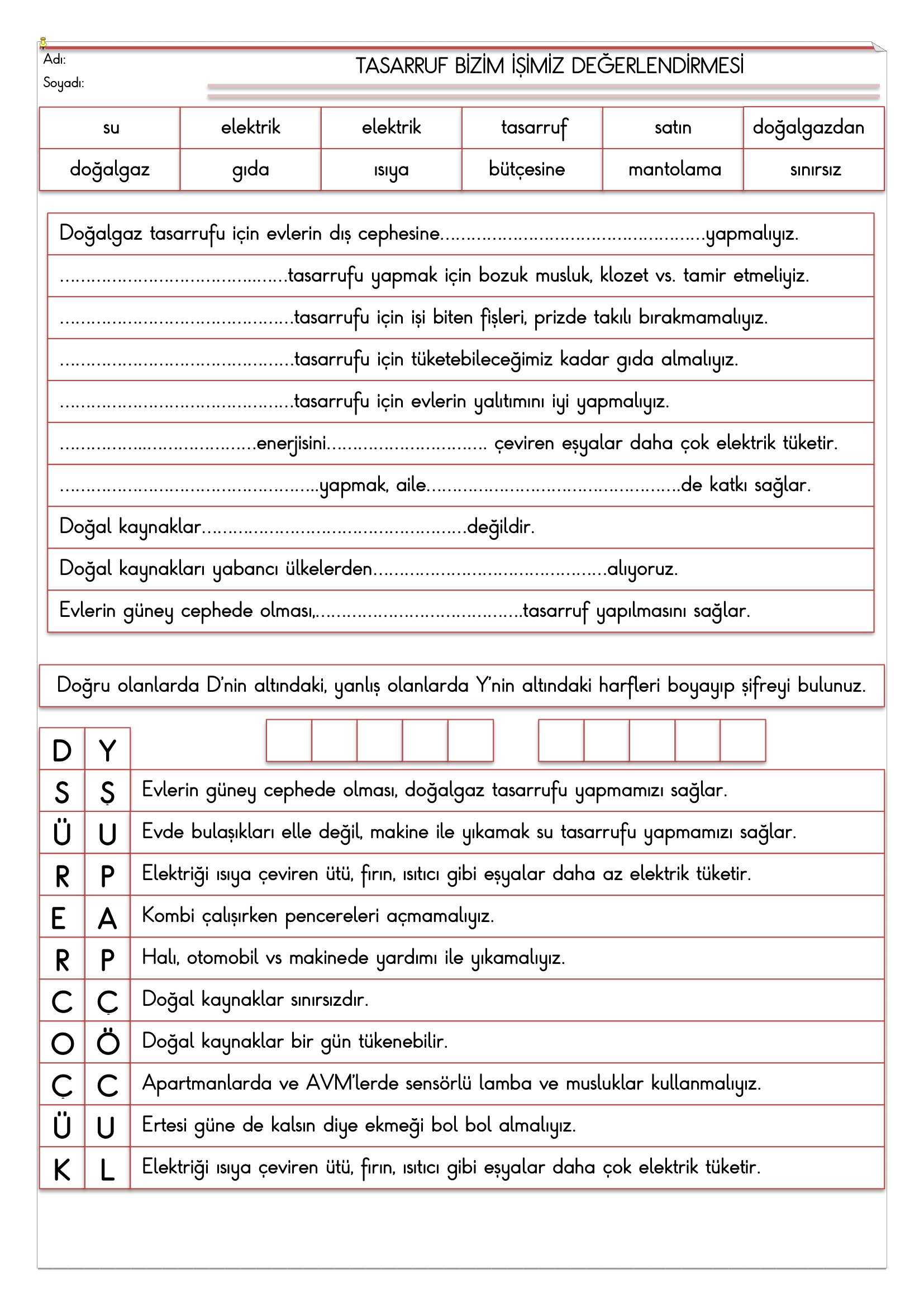 2.Sınıf - Hayat Bilgisi Tasarruf Bizim İşimiz Değerlendirmesi
