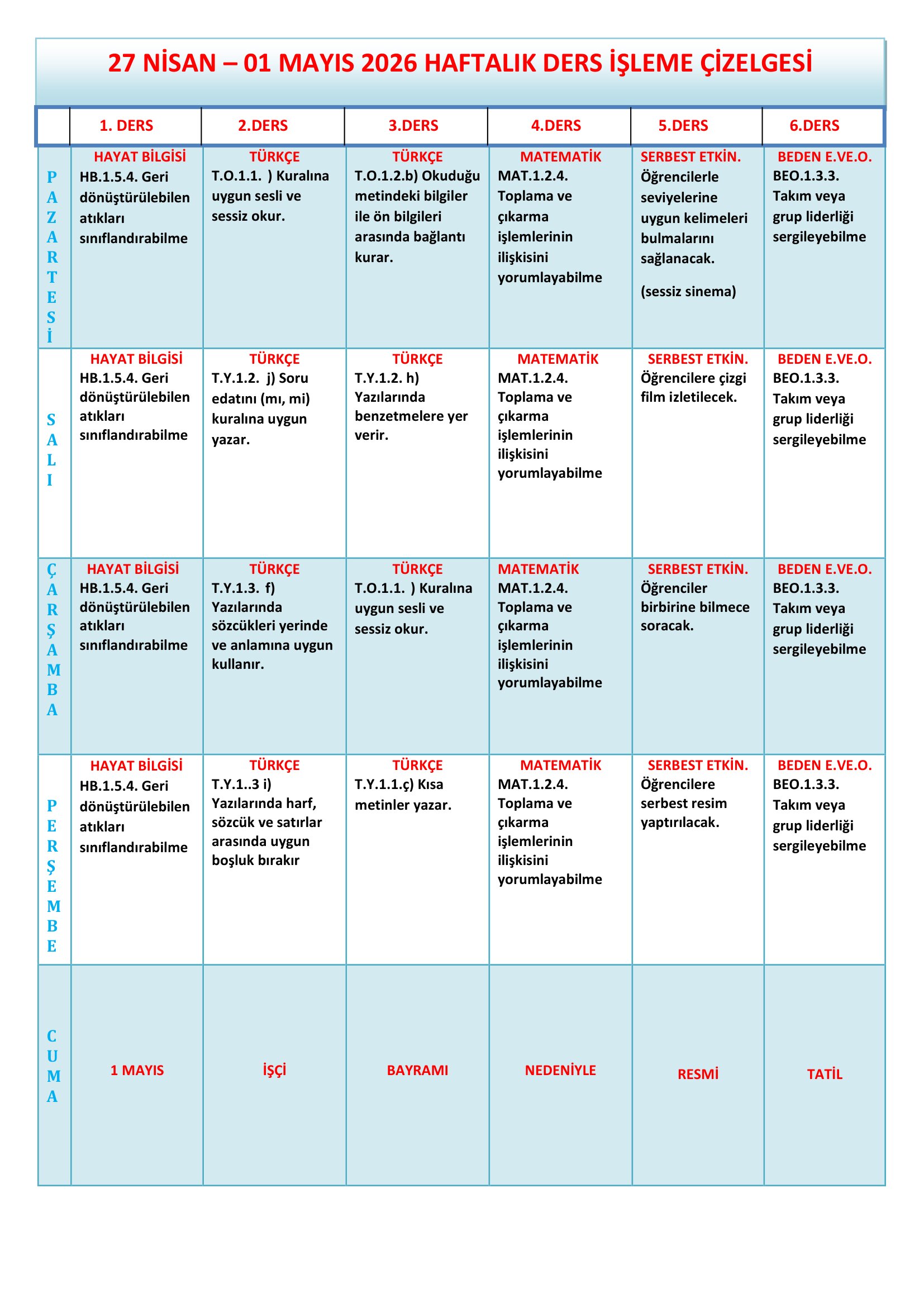 1.Sınıf 27 Nisan - 01 Mayıs 2026 Haftalık Ders İşleme Çizelgesi.doc