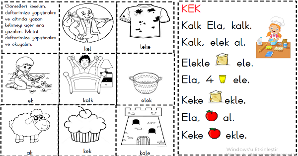 1.Sınıf İlk Okuma Yazma K-k Sesi Kes Yapıştır Oku Etkinliği 2