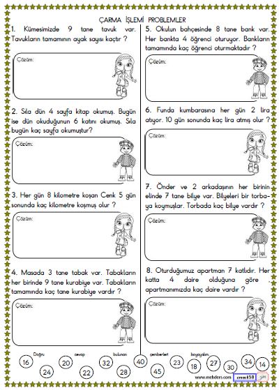 2. Sınıf Matematik Çarpma İşlemi Problemleri Etikinliği 4