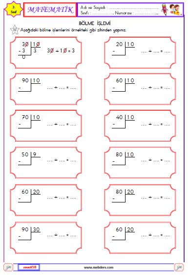 3. Sınıf Matematik  Zihinden Bölme İşlemi  Etkinliği