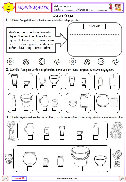 2. Sınıf Matematik Sıvıları Ölçme Etkinliği 1