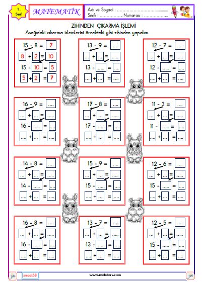 1. Sınıf Matematik Zihinden Çıkarma İşlemi Etkinliği 4