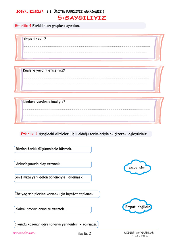 4. Sınıf Sosyal Bilgiler Saygılıyız Etkinliği