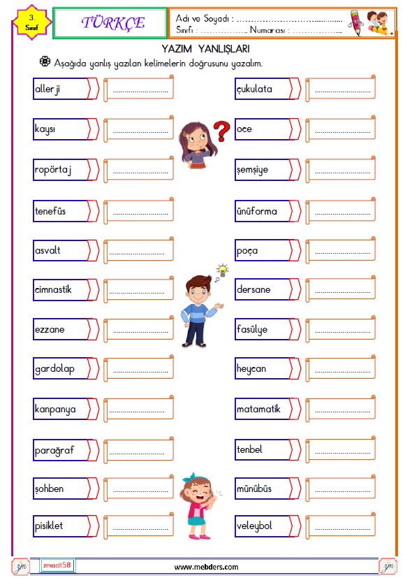 3. Sınıf Türkçe Yazım Yanlışları Etkinliği