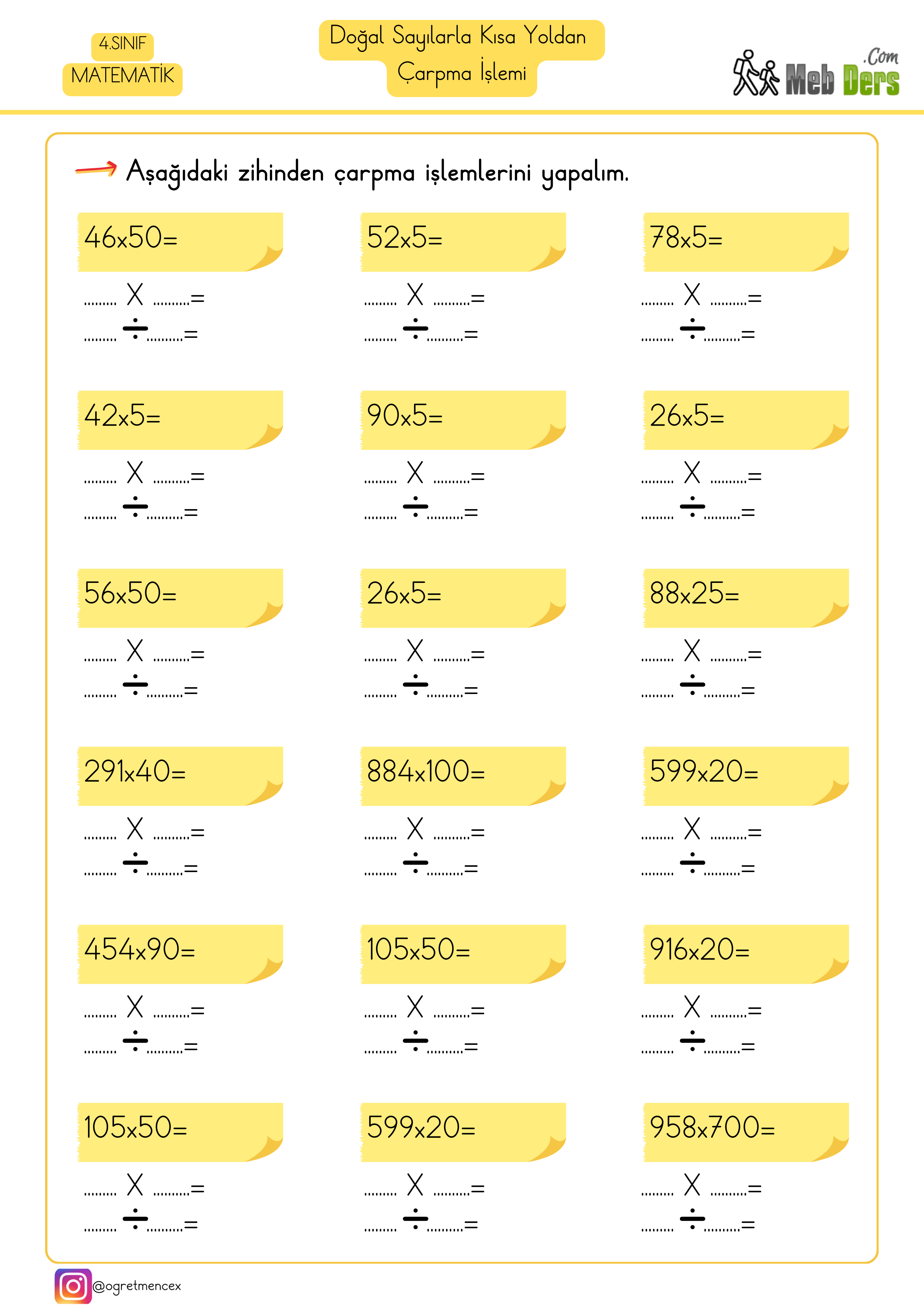 4.Sınıf Matematik Kısa Yoldan Çalışma İşlemi Çalışma Sayfası
