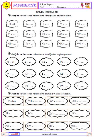 3. Sınıf Matematik Romen Rakamları Etkinliği 1