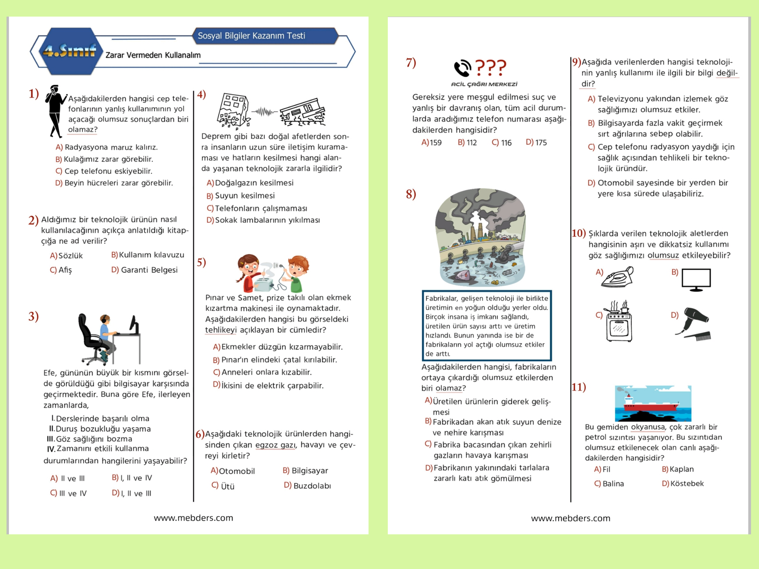 4. Sınıf Sosyal Bilgiler Zarar Vermeden Kullanalım Kazanım Testi