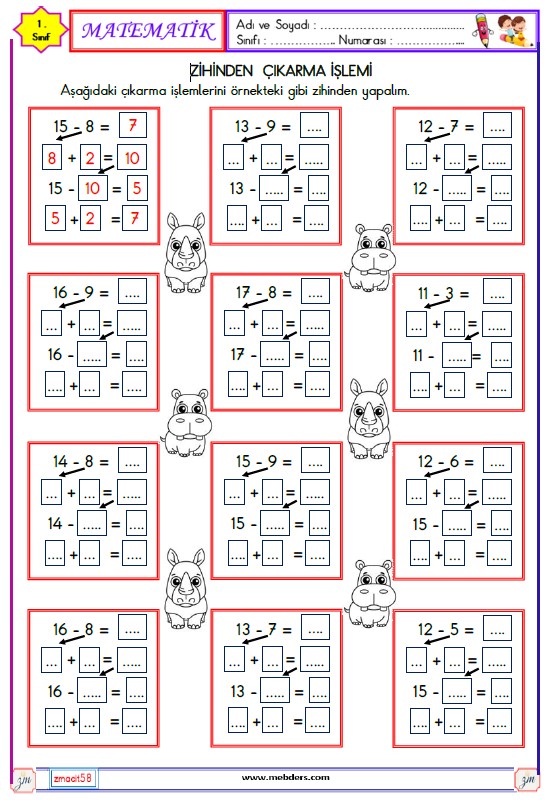 1. Sınıf Matematik Zihinden Çıkarma İşlemi Etkinliği 7