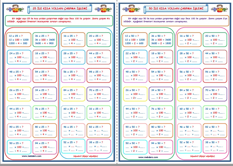 4.Sınıf Matematik  5-25-50 ve 10'un Katları ile Kısa Yoldan Çarpma İşlemi  (4 Sayfa)