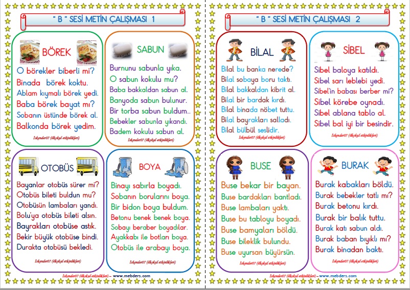 1.Sınıf B-b Sesi Metin Çalışması  (4 Sayfa - 8 Farklı Metin)