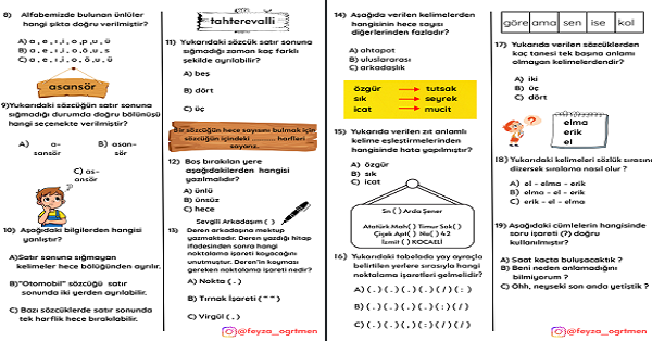 2. Sınıf Türkçe Beş Haftalık Değerlendirme