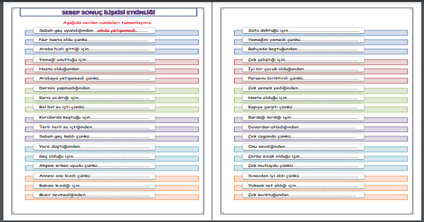 1.Sınıf Türkçe Sebep Sonuç İlişkisi Etkinliği-1