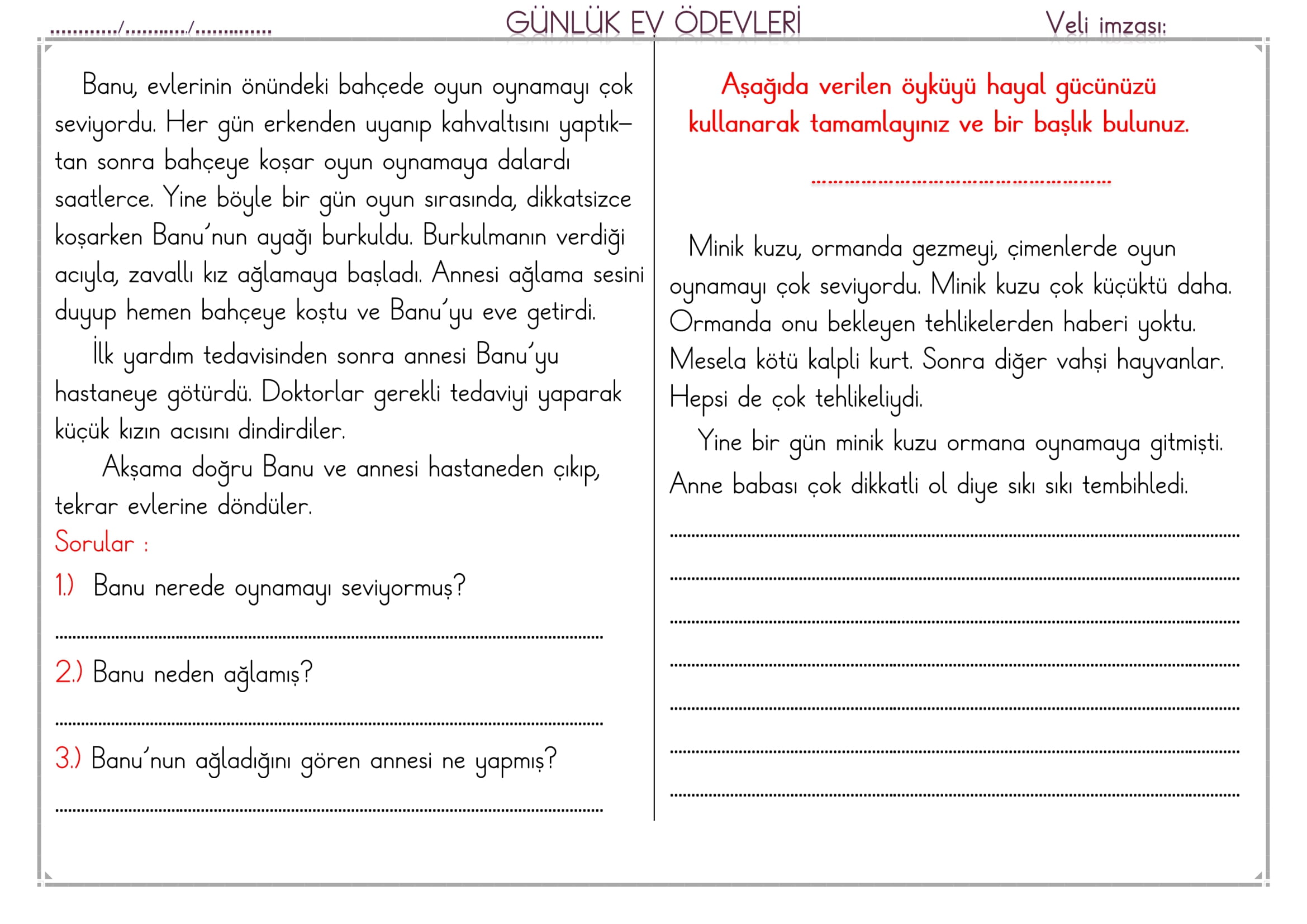1.Sınıf 19 Şubat 2025 Günlük Ev Ödevi