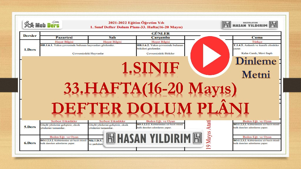 1.Sınıf 33.Hafta(16-20 Mayıs) Defter Dolum Planı