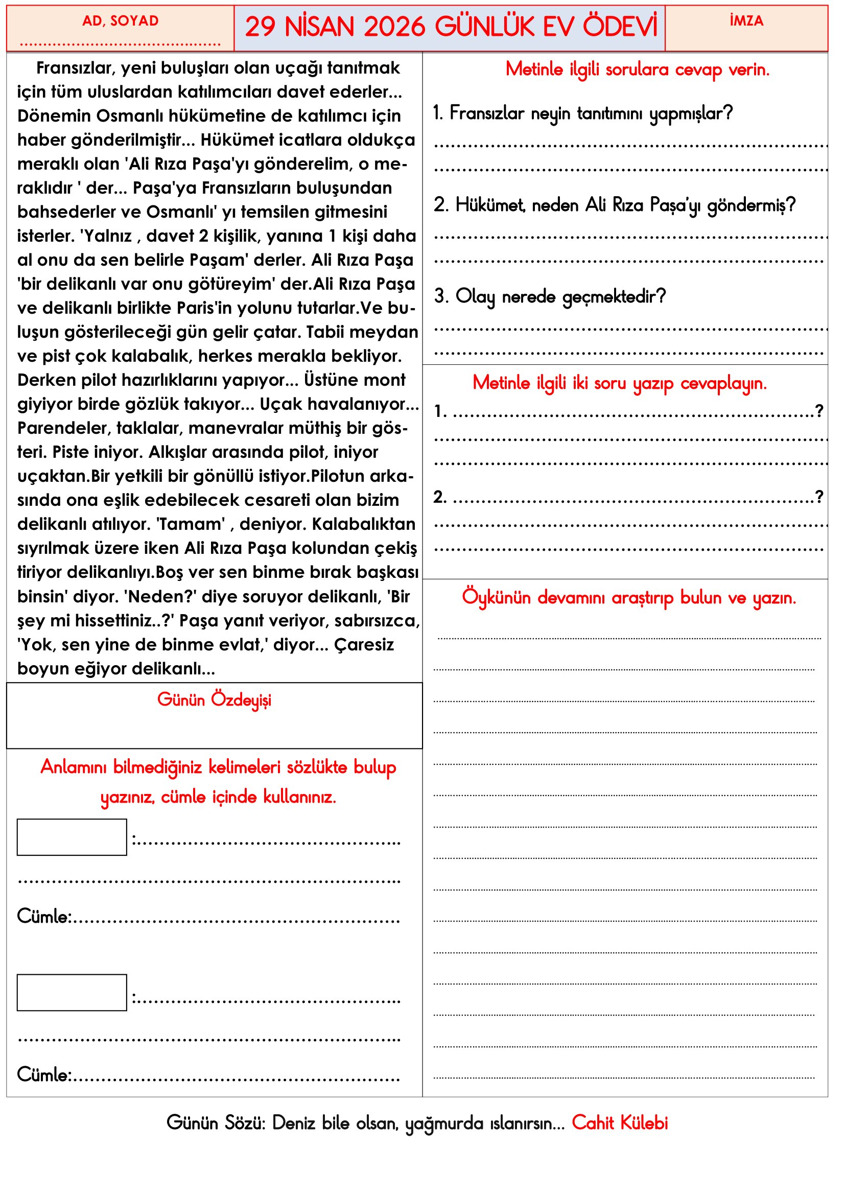 3.Sınıf - 29 Nisan 2026 Günlük Ev Ödevleri