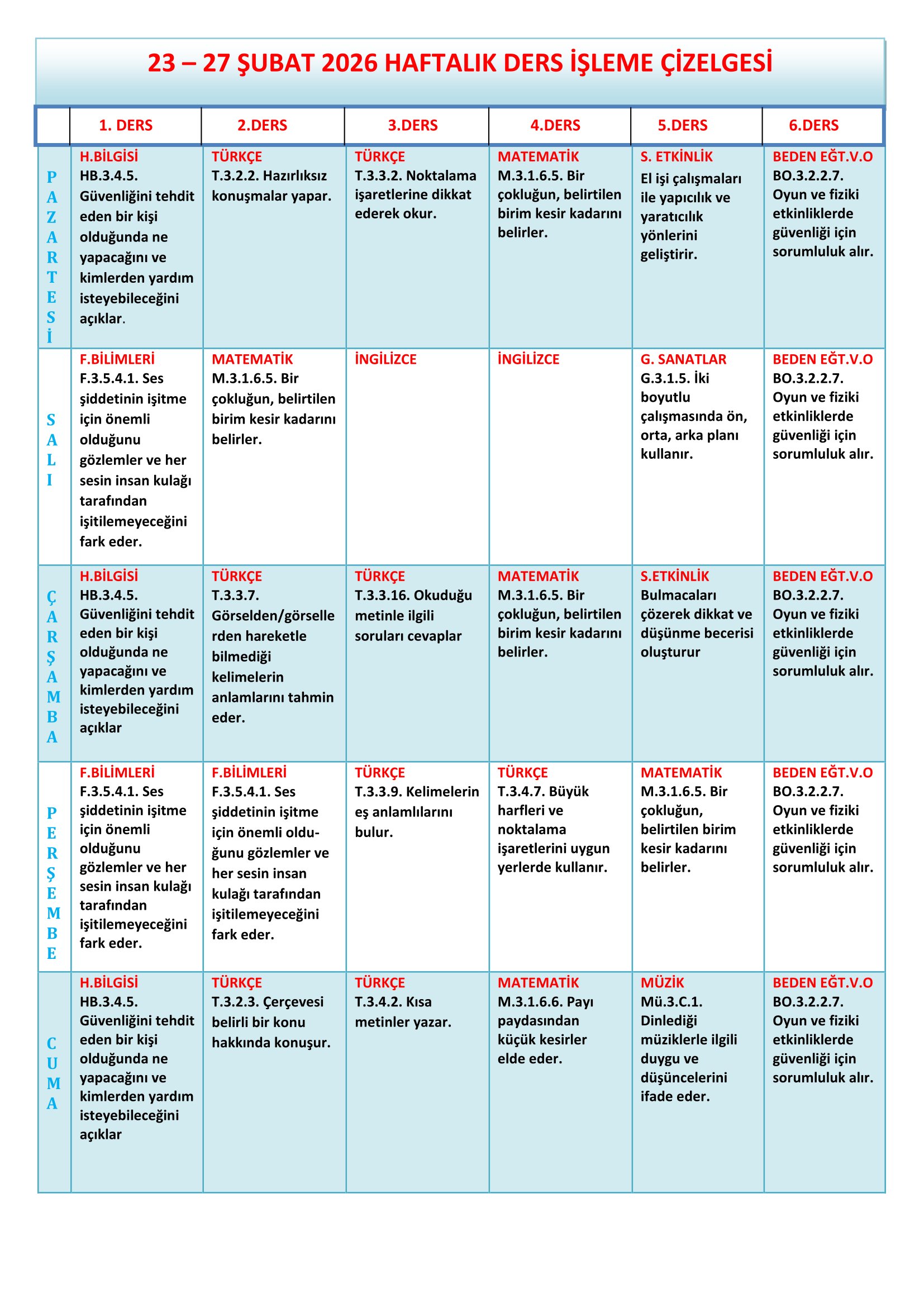 3.Sınıf 23 - 27 Şubat 2026 Haftalık Ders İşleme Çizelgesi.doc