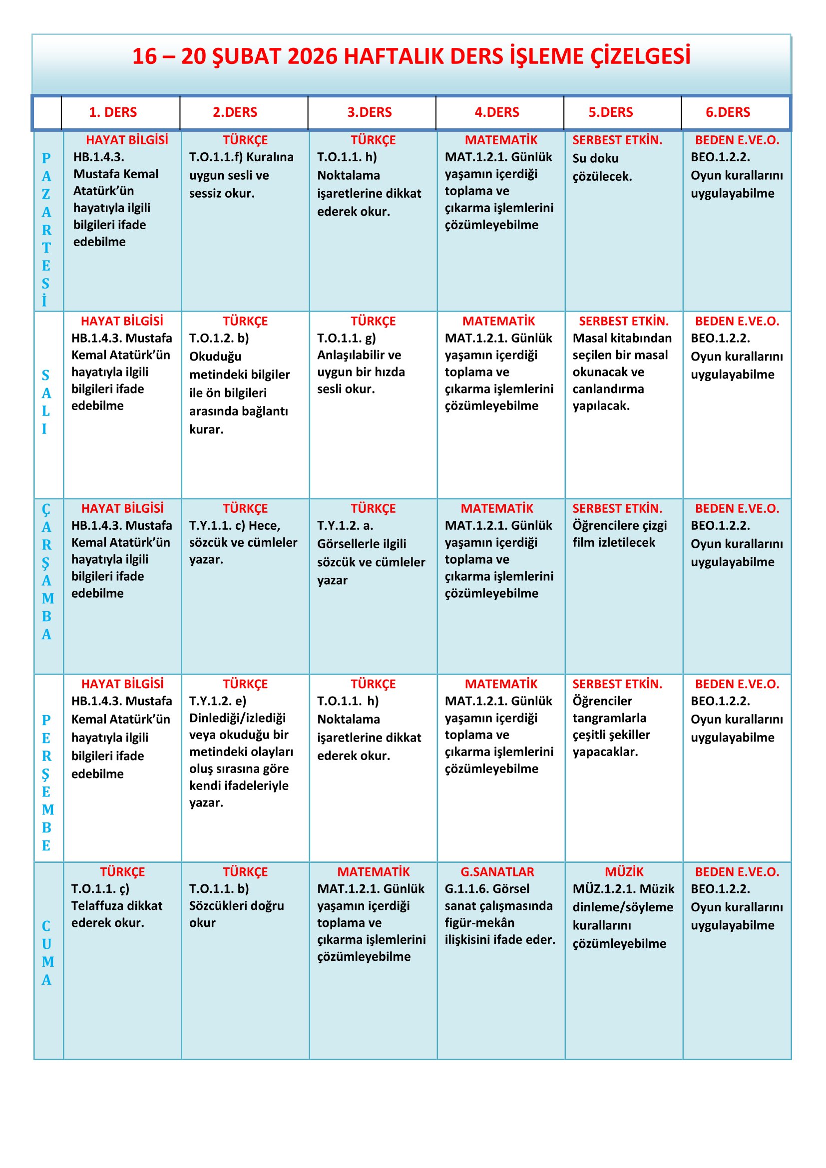 1.Sınıf 16 - 20 Şubat 2026 Haftalık Ders İşleme Çizelgesi.doc
