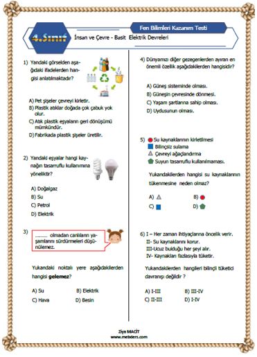 4. Sınıf Fen Bilimleri İnsan ve Çevre , Basit Elektrik Devreleri  Kazanım Testi ETKİLEŞİMLİ