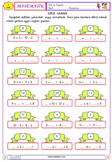 2. Sınıf Matematik Eşitlik Kavramı Etkinliği 3