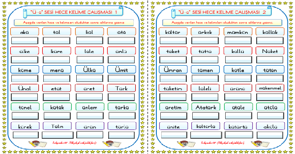 1. Sınıf İlk Okuma Yazma Ü Sesi Hece Kelime Çalışması
