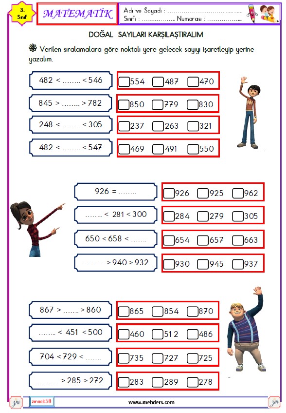 3. Sınıf Matematik Doğal Sayıları Karşılaştırma ve Sıralama Etkinliği 5