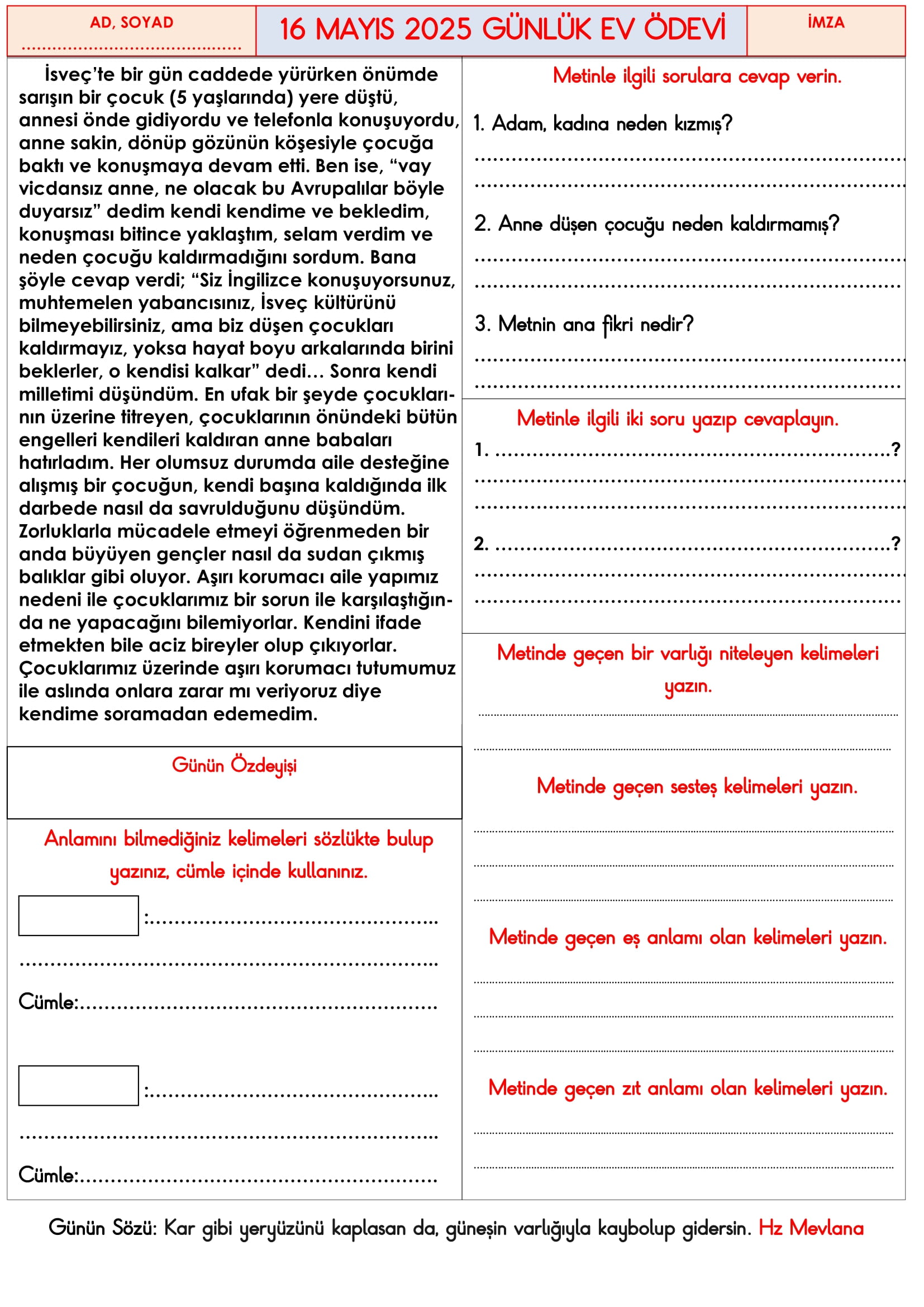 3.Sınıf 16 Mayıs 2025 Günlük Ev Ödevi