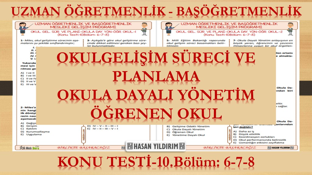 Okul Gelişim Süreci ve Planı-Okula Dayalı Yönetim-Öğrenen Okul (Konu Testi-10. Bölüm: 6-7-8)