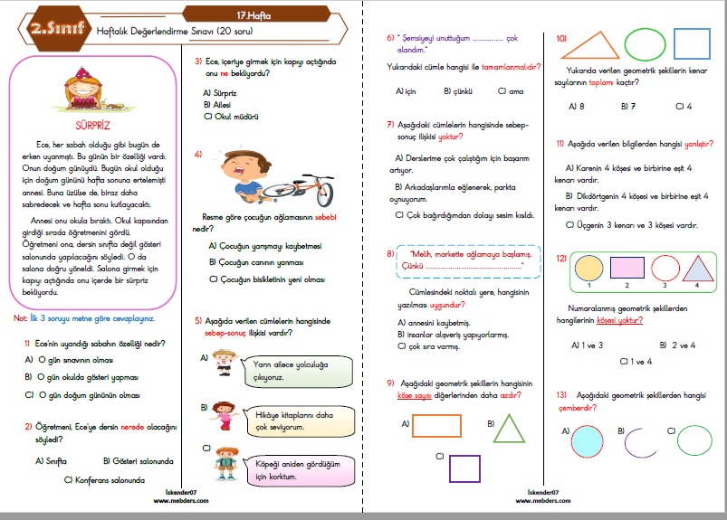 2.Sınıf Haftalık Değerlendirme Testi - 17.Hafta (03-07 Ocak)