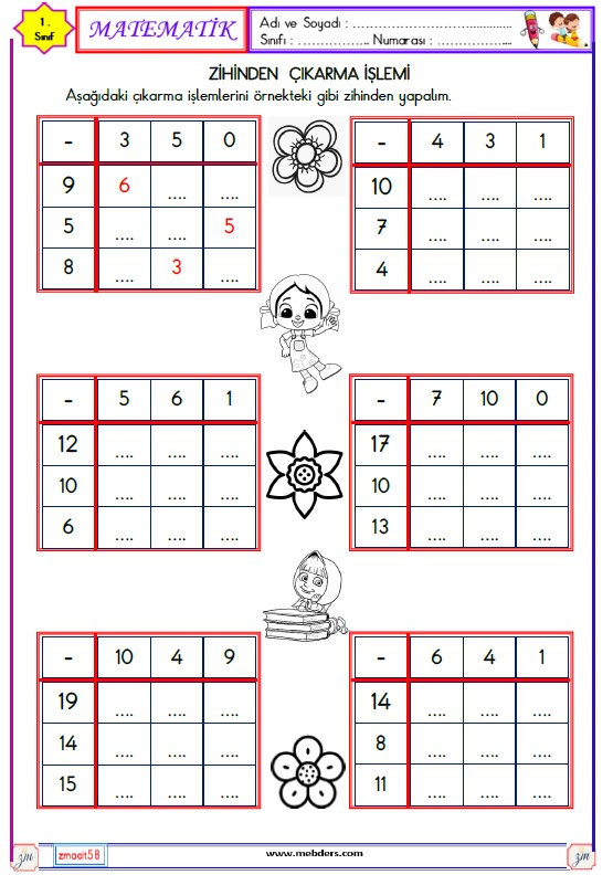 1. Sınıf Matematik Zihinden Çıkarma İşlemi Etkinliği 2