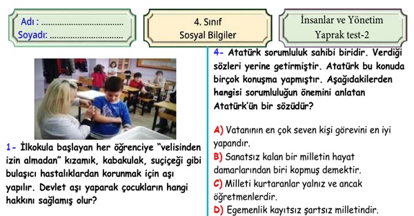 4.Sınıf Sosyal Bilgiler İnsanlar ve Yönetim Ünitesi Yaprak Test 2