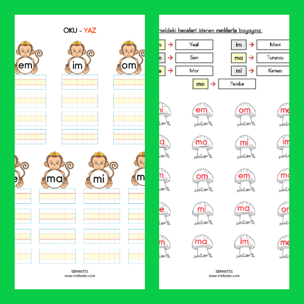 1. Sınıf İlkokuma Yazma - M Sesi Heceleri Yazma Boyama Etkinliği