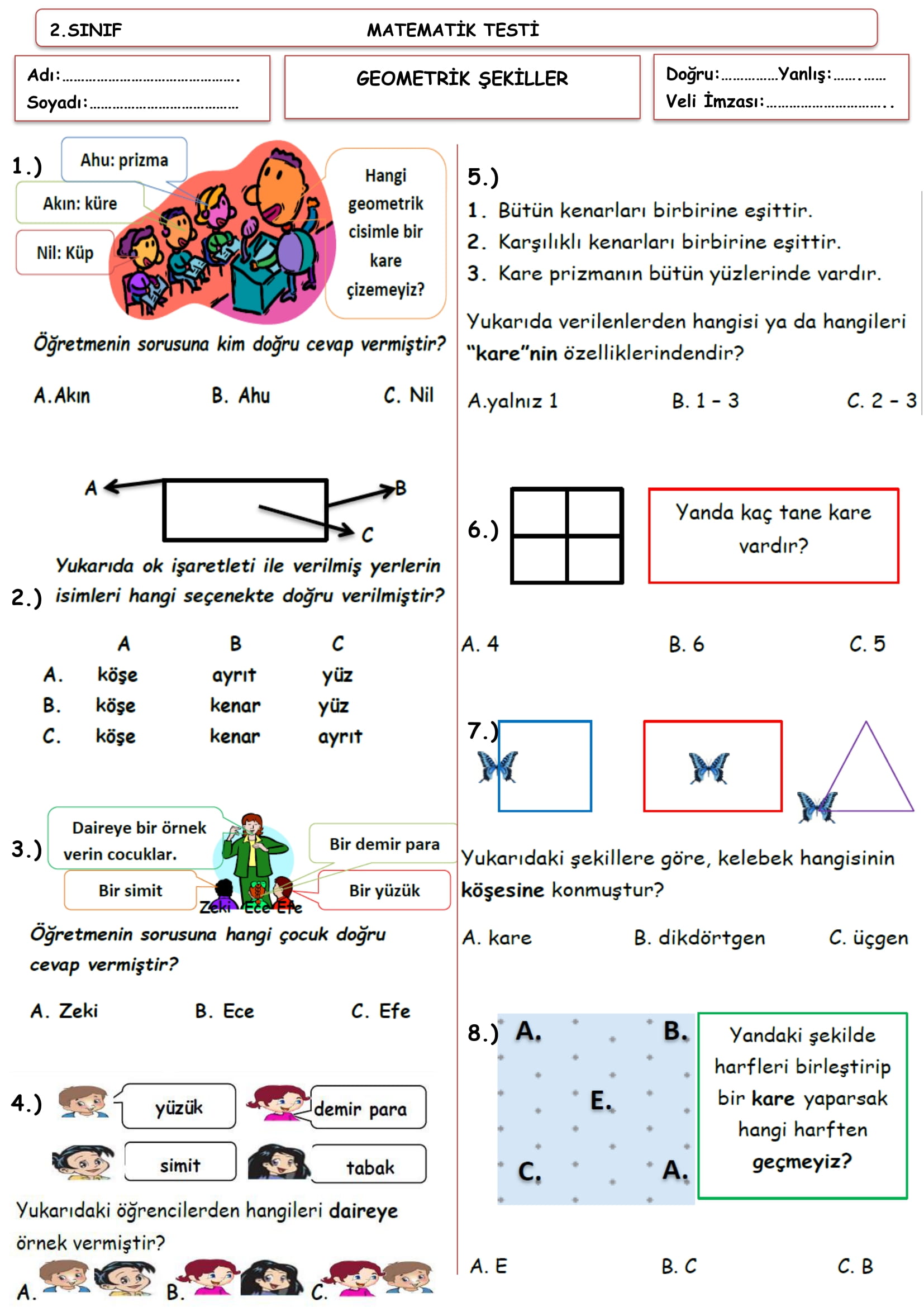 2.Sınıf Matematik Geometrik Şekiller Testi