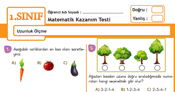 1.Sınıf Matematik Uzunluk Ölçme Kazanım Testi