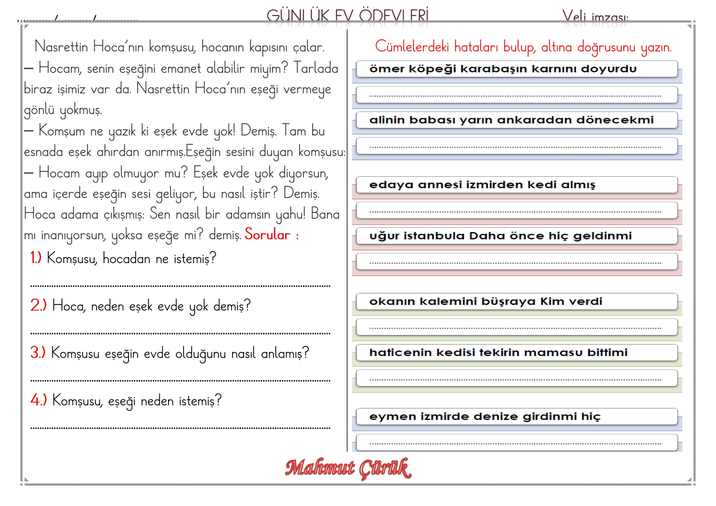 1.Sınıf - 21 Mayıs 2026 Günlük Ev Ödevleri