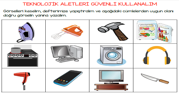 1.Sınıf Hayat Bilgisi Teknolojik Araçları Güvenli Kullanırım Kes-Yapıştır Etkinliği