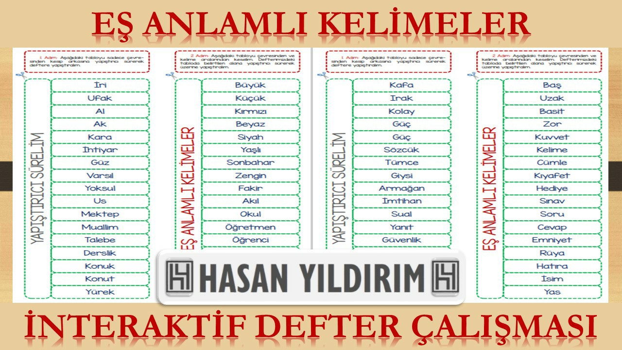 Eş Anlamlı Kelimeler İnteraktif Defter Çalışması (4 Sayfa + Boş Şablon)