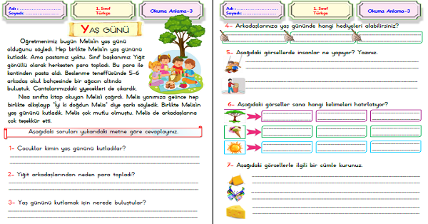 1.Sınıf Türkçe Okuma Anlama (Yaş Günü) Metni