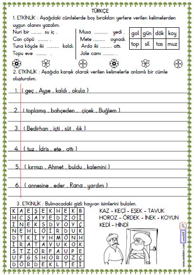 1. Sınıf Yanlış Boşluk Doldurma ve Cümle Oluşturma  Etkinliği 4